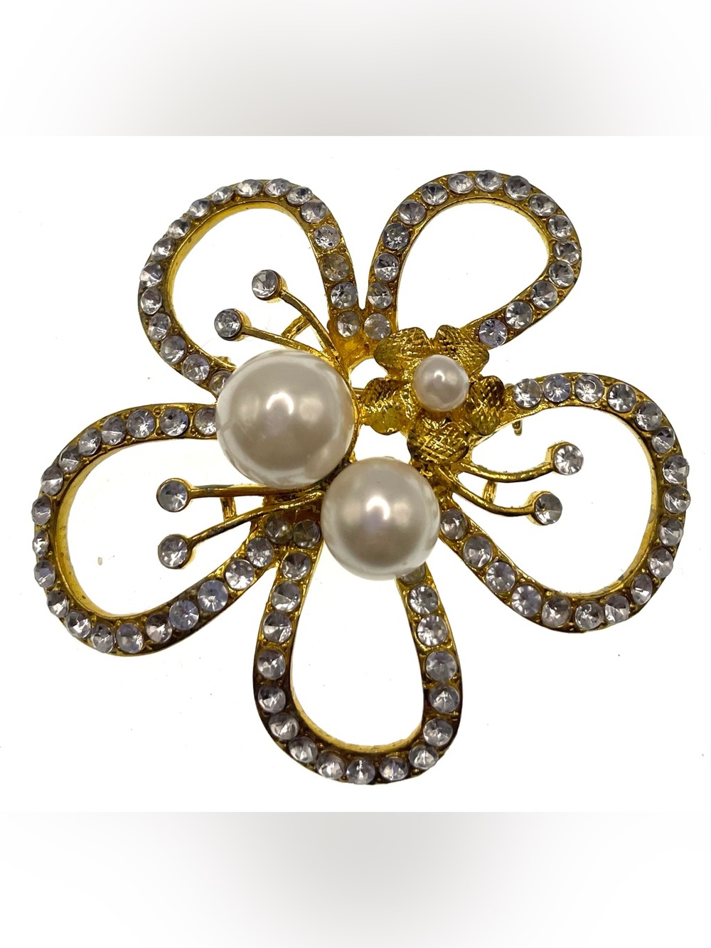 Floral Brooch Rhinestones Faux Pearls Gold Tone 2.5”